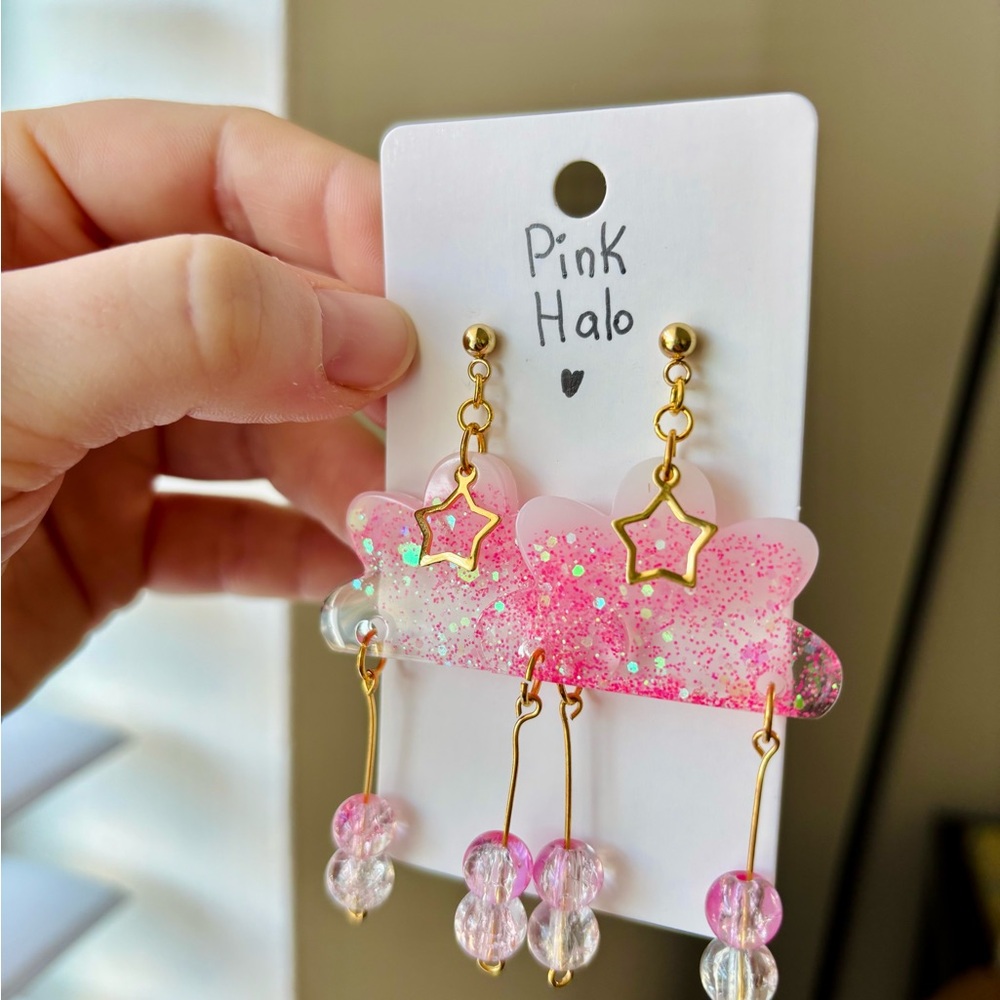 🌸 Pink Halo Earrings | Cloud Star Dangle | Handmade Resin Pink Beads